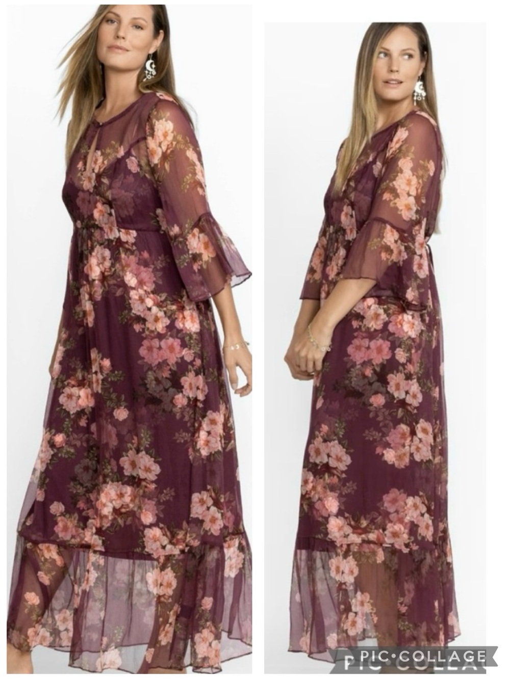 Johnny Was Winonna Plum Burgundy Silk Floral Chiffon Maxi Dress 1X Cottagecore